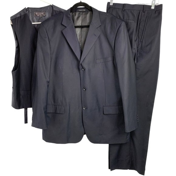 48R Tessori 3-piece Suit Navy Super 150's Tetoron Polyester Formal Mens 6529 - Picture 1 of 16